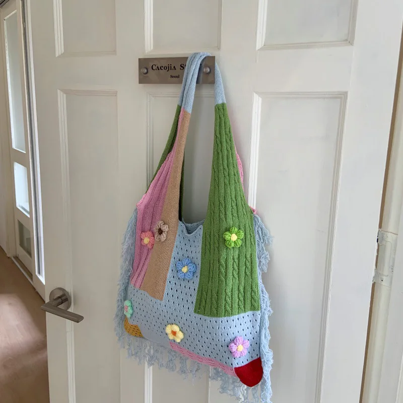 

Korean Knitted Shoulder Bag Ethnic Style Large Capacity Contrast Color Tassel Flower Handbag Hollow Trend Beach Bag Women's Bag