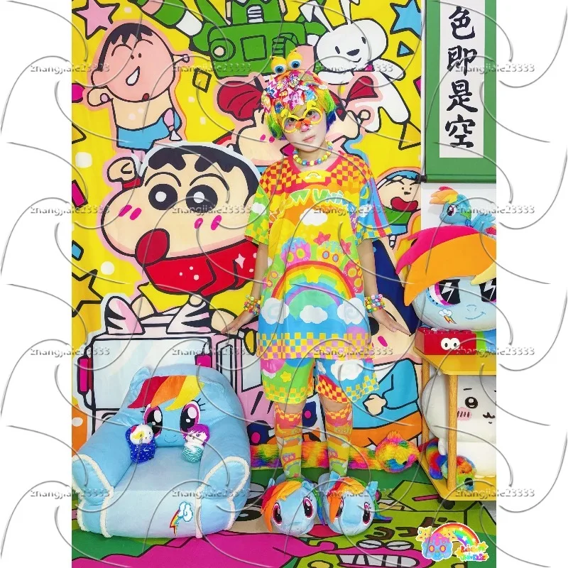 Neue Kinder- und Damenbekleidung, 3D-gedruckt, Subkultur, Regenbogen-Dopamin, Zuhause, Freizeit-Oberbekleidung, schnell trocknend, kurze Ärmel