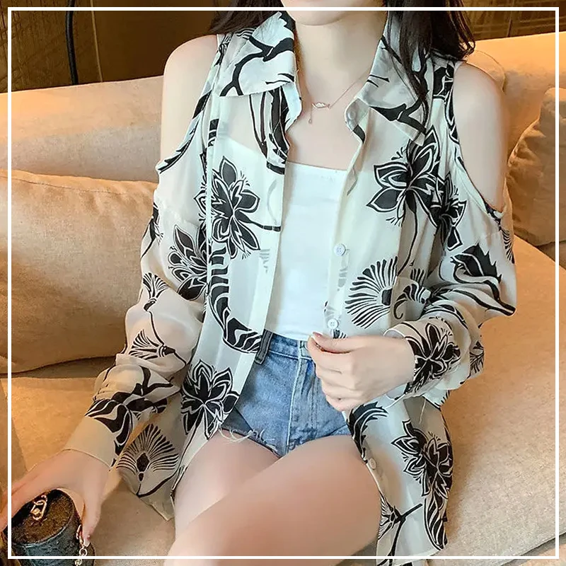 

Spring Summer Korean Printing Women Shirt Character Single Breasted Turn-down Collar Women's Clothing Off-the-shoulder Lace-up