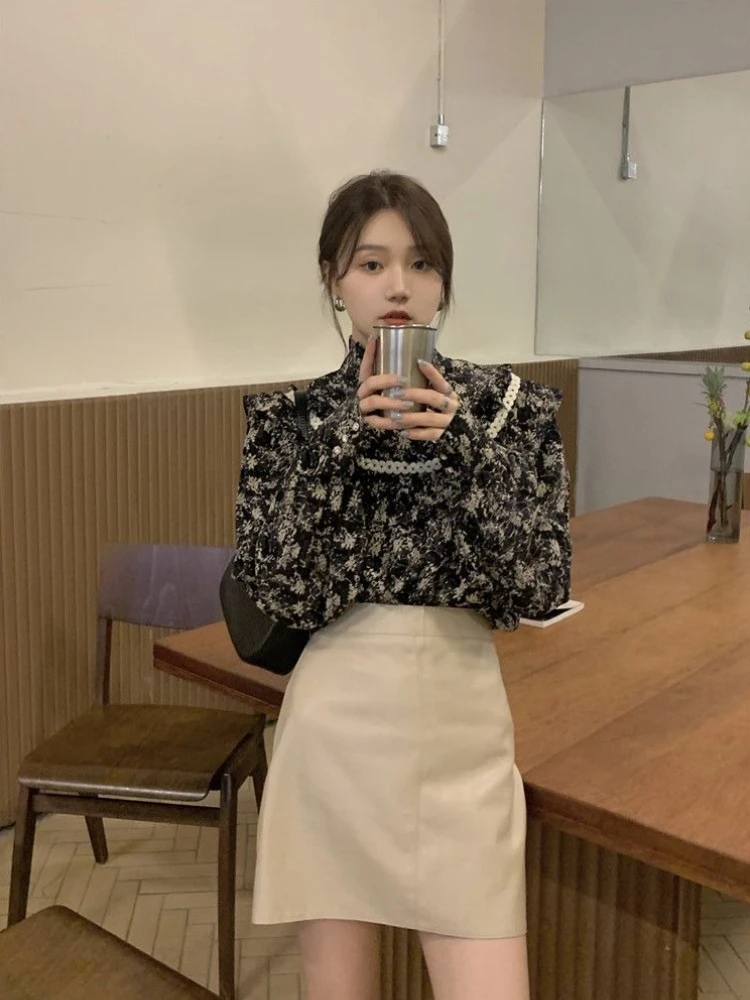 2026 blusa floral vintage feminina estilo francês gola plissado emenda camisa primavera outono casual chique topo