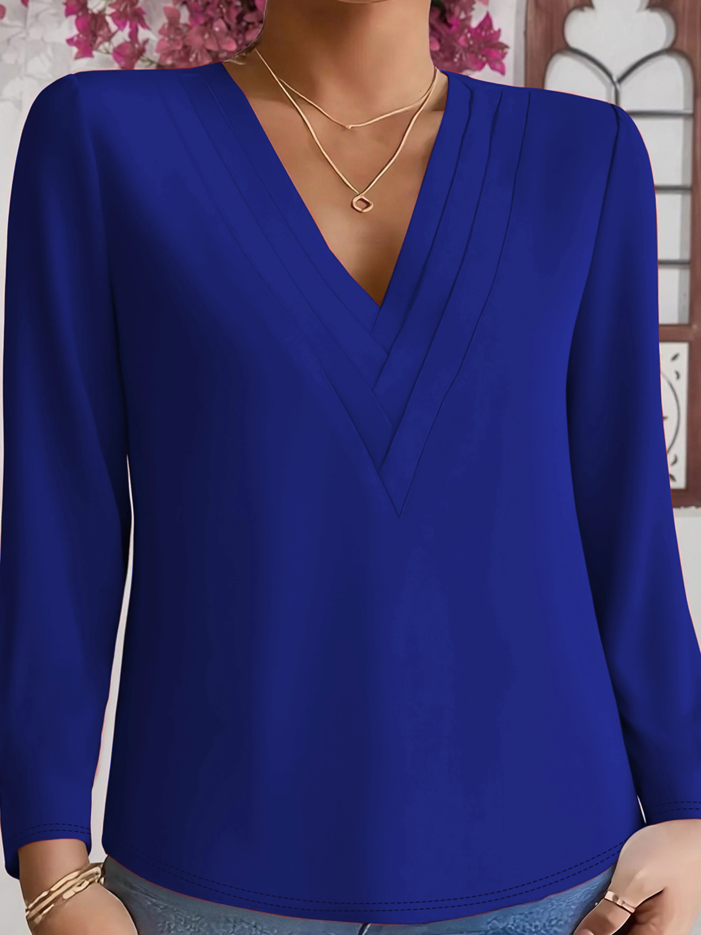 

Plus Size V-Neck Ruched Tops | Elegant Solid Color Long Sleeve Blouse, Seasonal Women's Fashion