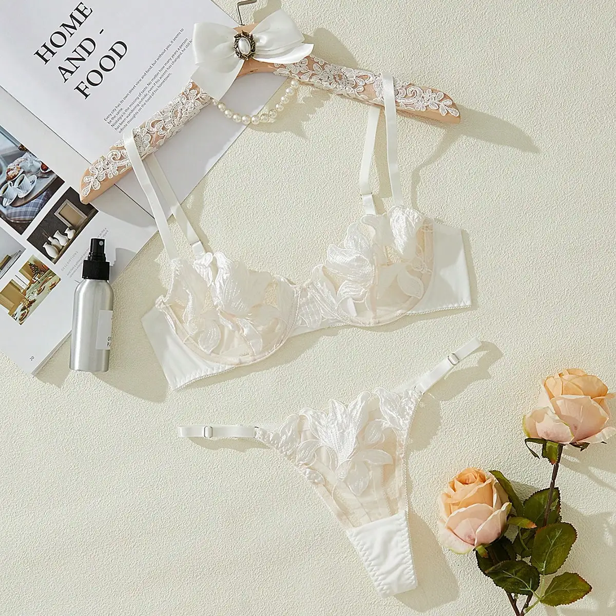 Women\'S Underwear Sexy See Through Mesh Transparent Embroidery Fragmented Flower Kit Push Bra+Thong Panties Lingerie Set 2024