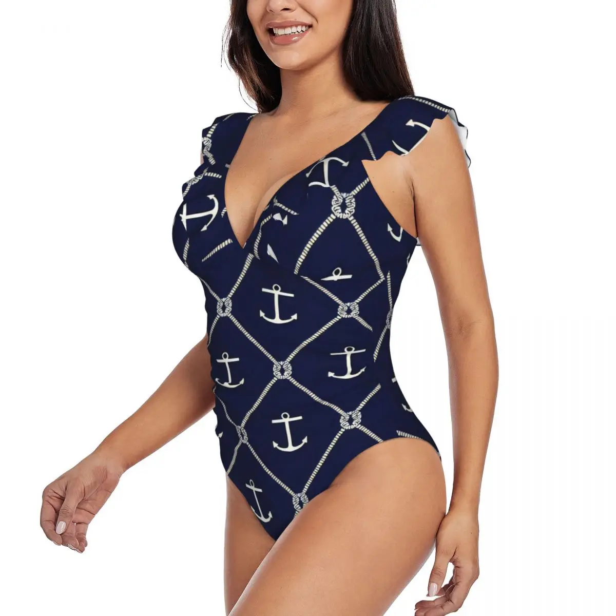 2024 Swimsuit Women's Pattern With Anchors One-Piece Swimwear