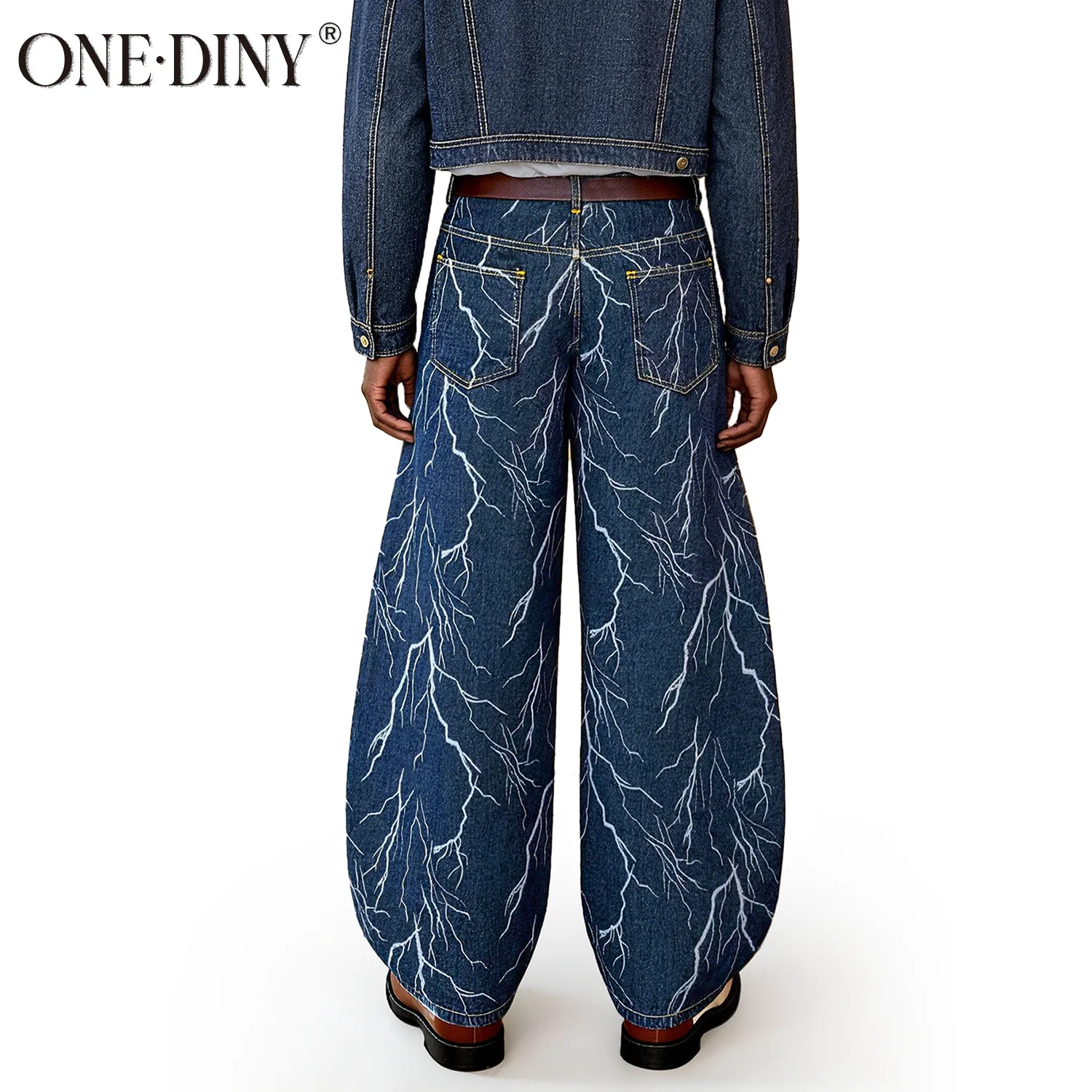 ONE·DINY American Retro Blue Jacquard Baggy Machete Wide-Leg Jeans Daily High Street  Couple Balloon Denim Pants Casual Pant