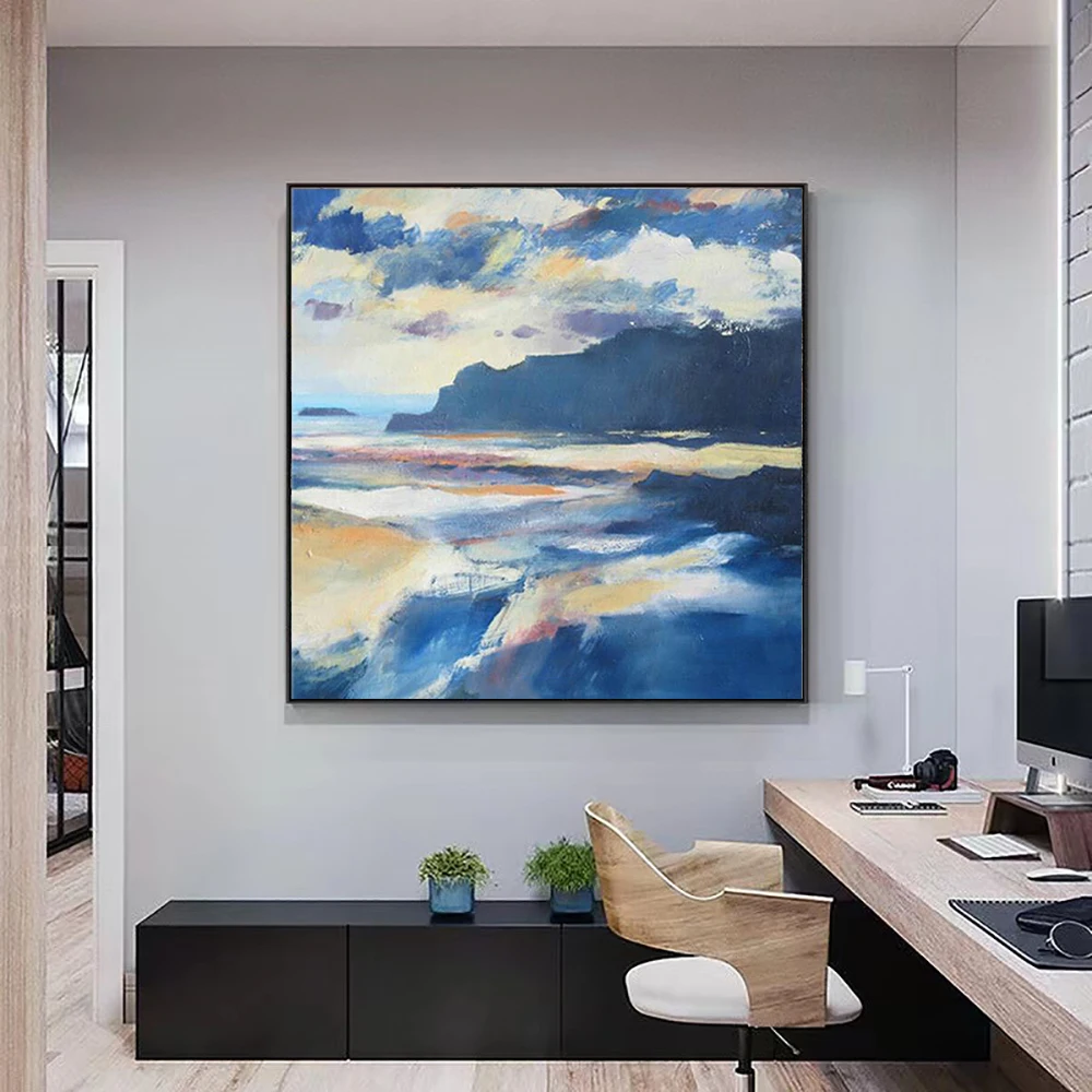 

Hand Painted Abstract Landscape Bule Oil Painting On Canvas Wall Art Handmade Living Room Interior Decoration Painting Murals