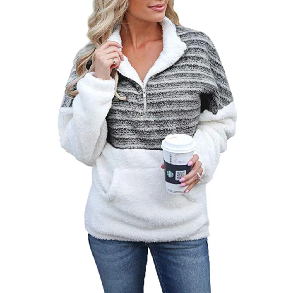 Autumn and Winter Fashion Plush New V-neck Zipper Long Sleeved Color Blocked Warm Hoodie Jacket