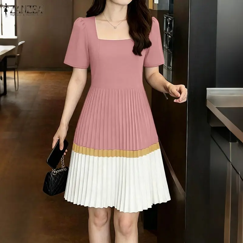 2026 ZANZEA Summer Sundress Elegant Women Square Neck Short Sleeve Party Work Dresses Stylish A Line Color Blocking Dress Robe