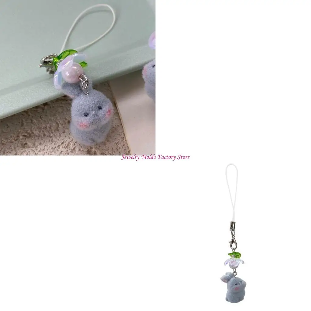 Flocking Rabbit Phone Strap Soft Touch Sturdy ResinCharm Easy to Install Perfect for Commuting and Campus Lifes E0BF