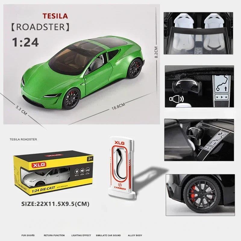 Diecast Alloy 1:24 Tesla Roadster Car Model with Charging Post Collective Voiture Miniature Sound And Light Toys Vehicles Boys