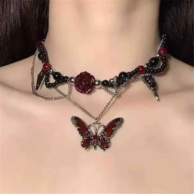 القوطية Y2K الأحمر فراشة شرابة سلسلة قلادة مطرز المختنق سلسلة قلادة للنساء Egirl هالوين حُليات المجوهرات والاكسسوارات #2