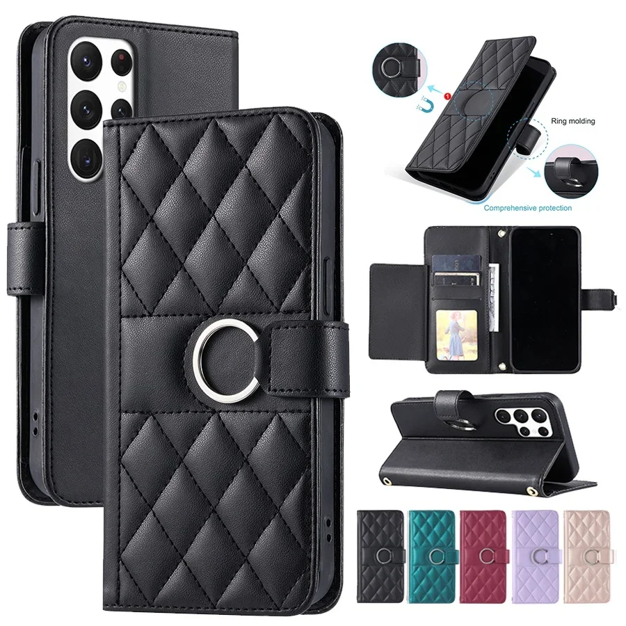 

Luxury Grid Double Layer Card Slots Wallet Case for Samsung S24 Ultra S23 Ultra S24 S23 S22 S21 S20 S10 Wristband Flip Case