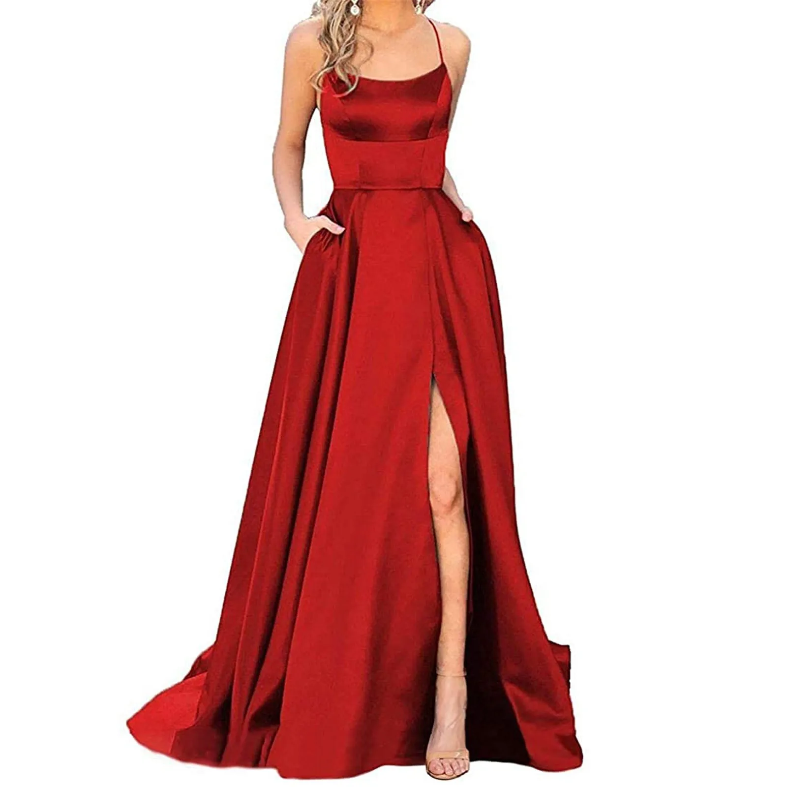 

Women's Long Ball Dresses Elegant Halterneck Criss-Cross Satin Spaghetti Strap Party Prom Dress Side Slit Wedding Pockets