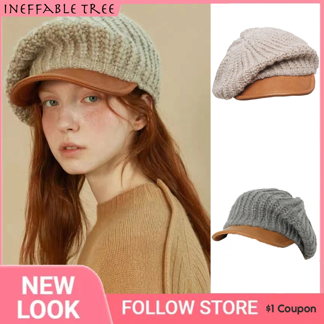 

INS Korea Autumn and Winter Retro Wool Atmosphere Stitching Design PU Knitted Peaked Beret Newsboy Hat for Women Men