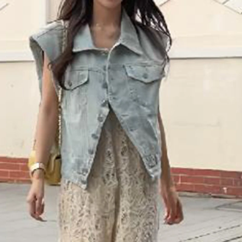 Sleeveless vest short denim jacket for women's spring and summer loose polo collar work jacket trend  coats