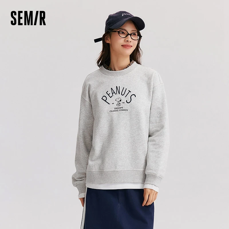 Semir Sweatshirt Women Spliced Fake Two-Pieces Loose Winter 2024 New Embroidered Fleece Casual Top