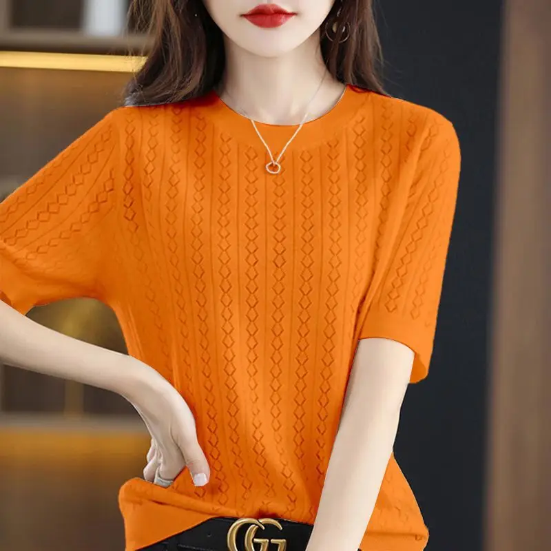 Fashion O-Neck Knitted Solid Color All-match Blouse Women\'s Clothing 2023 Summer New Oversized Casual Pullovers Korean Shirt