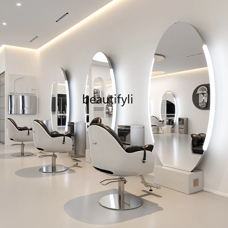 Barber Shop Mirror Single Double-Sided Full Body Floor Mirror with Light Stainless Steel Scissor Hair Mirror Hair Salon