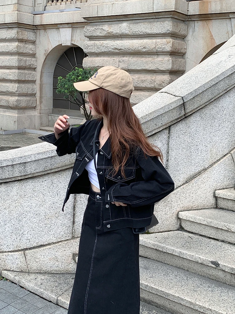 Black Denim Jacket And Skirt Set plus Size Fashionable Sweet And Cool Women's Wear Autumn 2023 Collection