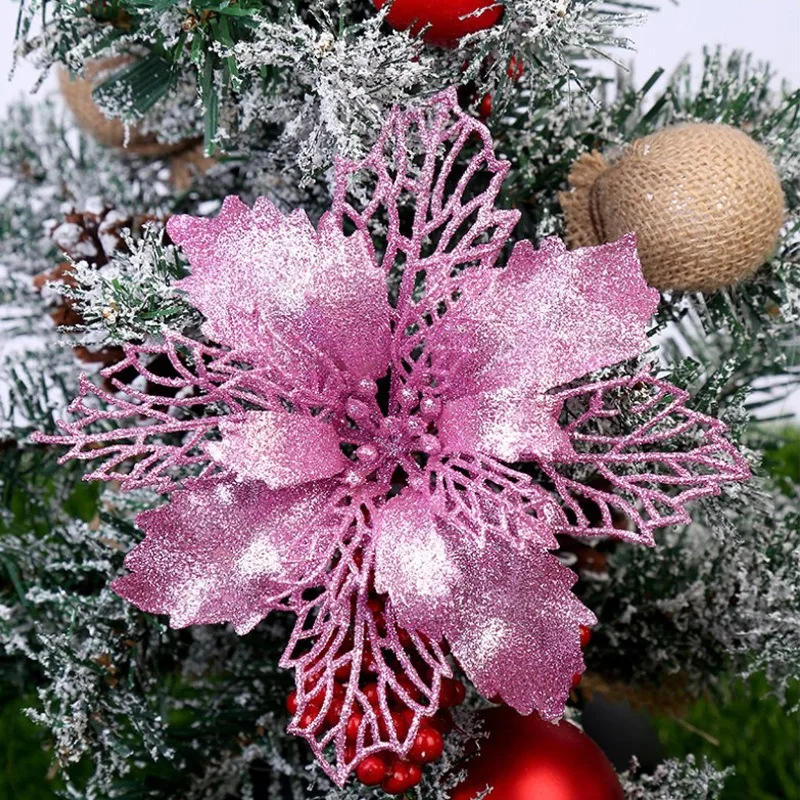 1pcs 10cm Glitter Artifical Christmas Flowers Christmas Tree Decorations for Home Fake Flowers Xmas Ornaments New Year Decor