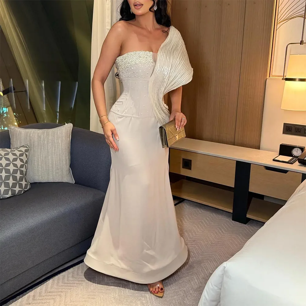 

Elegant White Evening Dresses Formal Party Prom Gowns One-Shoulder Floor-Length A-Line Beading Evening Prom Dresses Customized