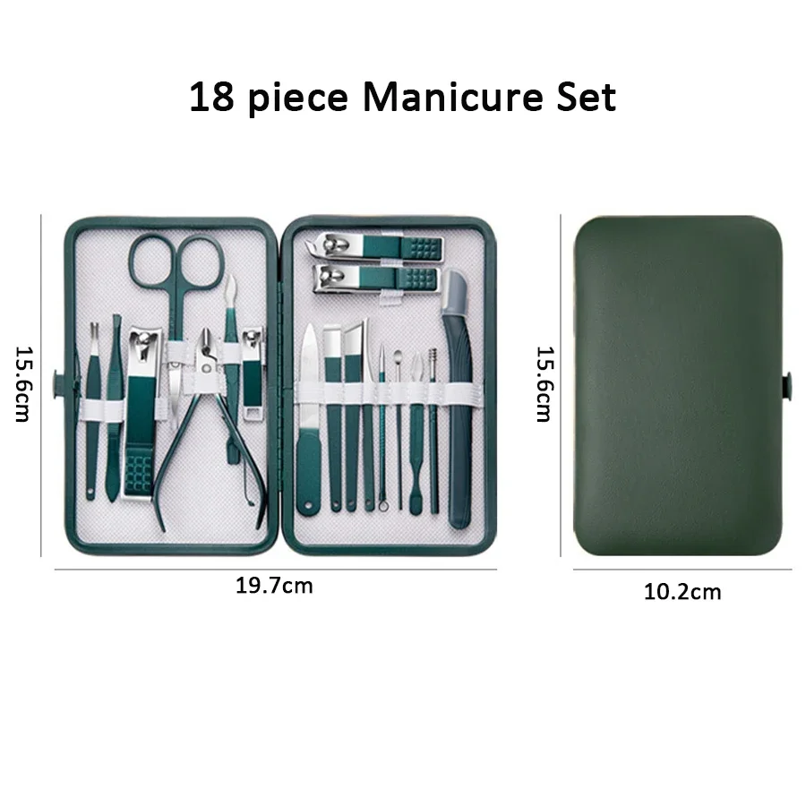 Ourineriner-7/10/12/18 pcs, manicure set, cortadores de unhas, profissional, aço inoxidável, ferramentas de cuidado do prego, com couro, para homem e mulher