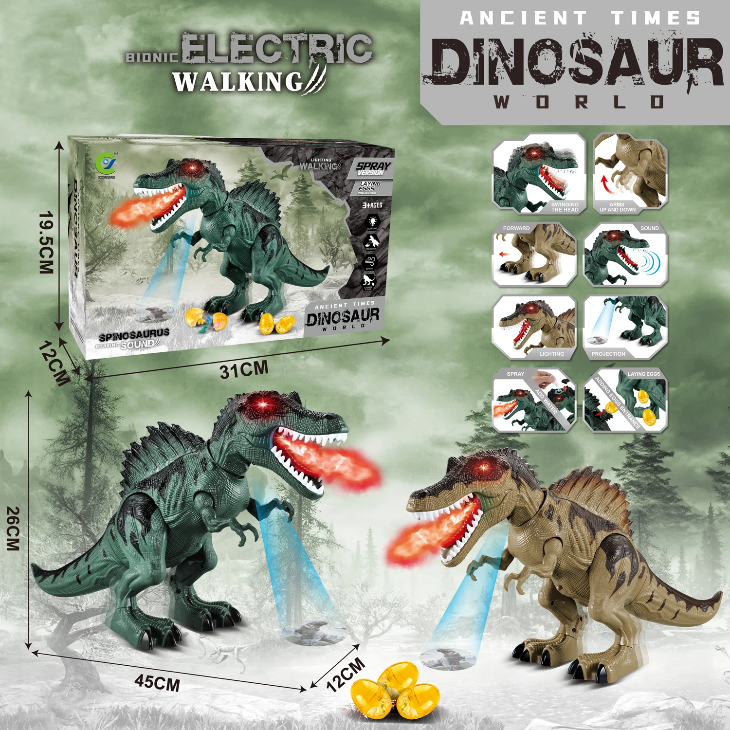 Brinquedo robô dinossauro andando elétrico com luzes led e sons função de pulverização modelo mecânico para crianças presentes aniversário