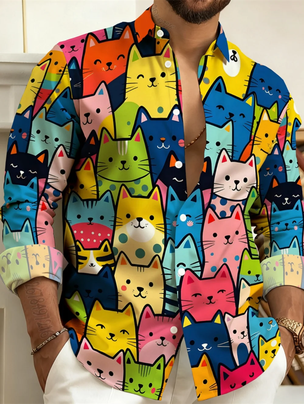 

2026 New Men's Long-Sleeve Shirt with Cartoon Cat Graphic 3D Print Street Fashionable Casual Comfortable Harajuku Lapel Men Top