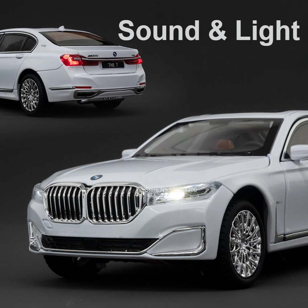 1:24 Scale BMW The 7 760LI Toy Car Model Diecast Pull Back Sound Light Doors Opened Shock Absorption Miniature Vehicles Models