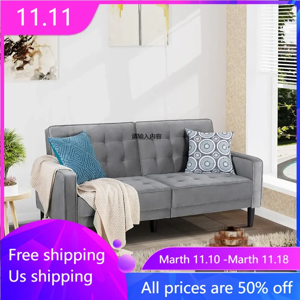 Modern double sofa, velvet padded futon, foldable/adjustable sofa bed, suitable for living room, bedroom, apartment (gray)