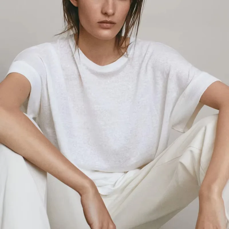 

Summer Women Cotton Linen T-shirt Round Neck Thin Short-sleeved Transparent Loose Bottoming T-shirts Tops