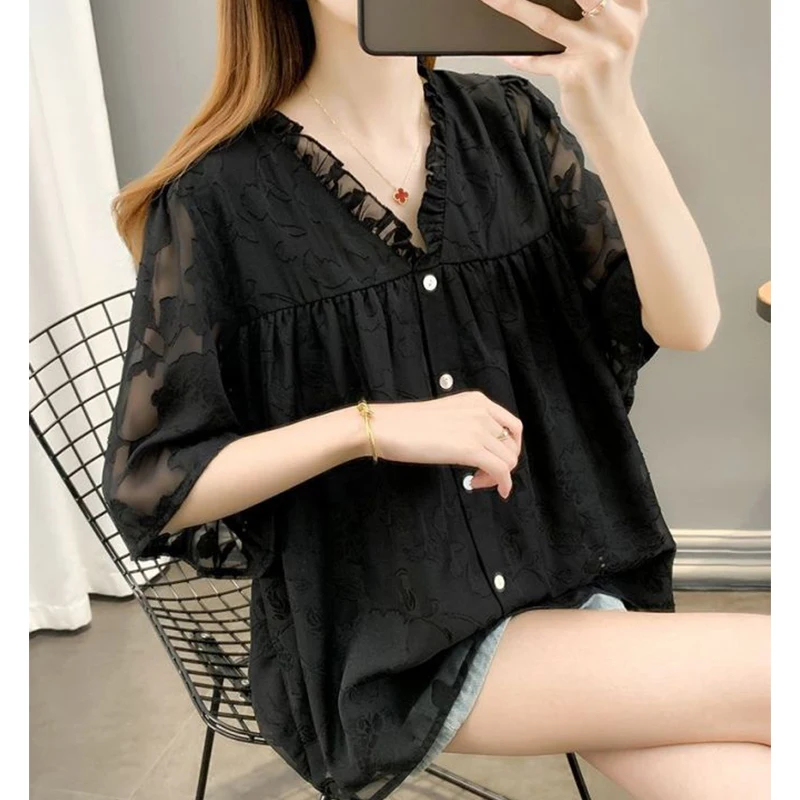 Women Summer Simplicity Loose Short Sleeve Solid Color Ruffles V-neck Chiffon Shirts Ladies Casual All-match Hollow Out Top Tee