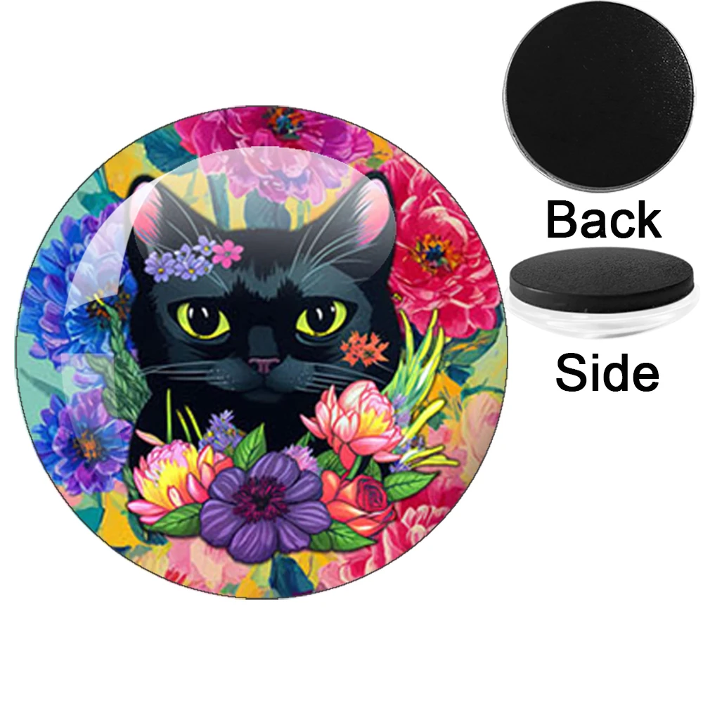 6 Pcs/Set Cartoon Cute Cat Round Glass 25MM-50MM Refrigerator Magnet Decoration Kitchen, Office Dry Wipe Board/Whiteboard Magnet