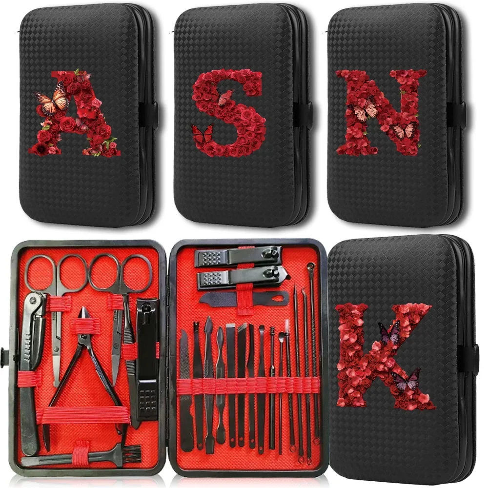 

24 Pcs Nail Clippers Set Storage Box Manicure Case Organizer Pedicure Kit Personal Care Red Rose Letter Pattern Home Essentials