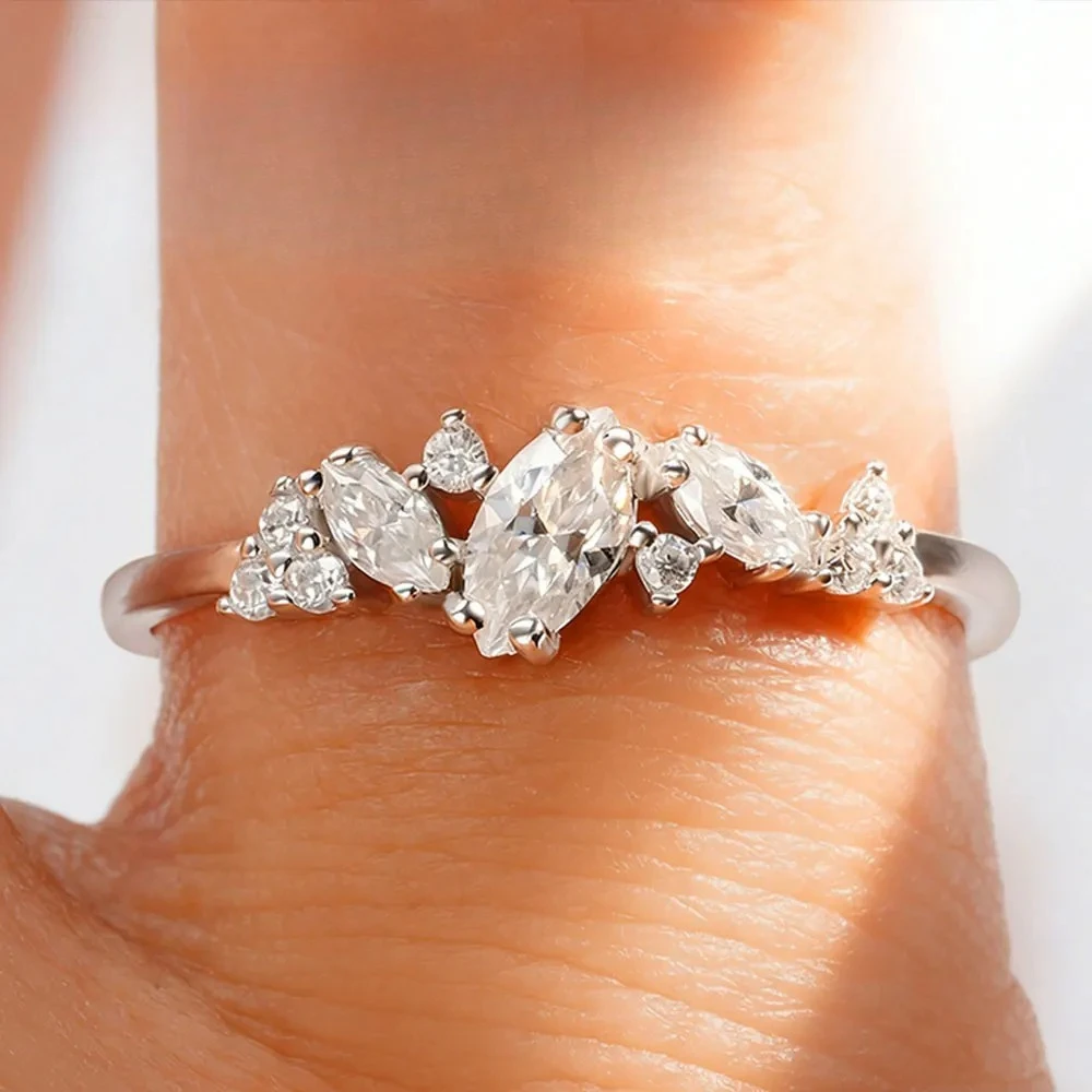 

D VVS1 Marquise Cut Moissanite Wedding Rings For Women S925 Sterling Silver 18k White Gold Plated Eternity Band Party Gift