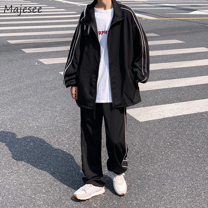 Men Sets Black Spring New College Couples Casual Loose Ins Popular Zipper Patchwork Design Simple Korean Style Fashion All-match