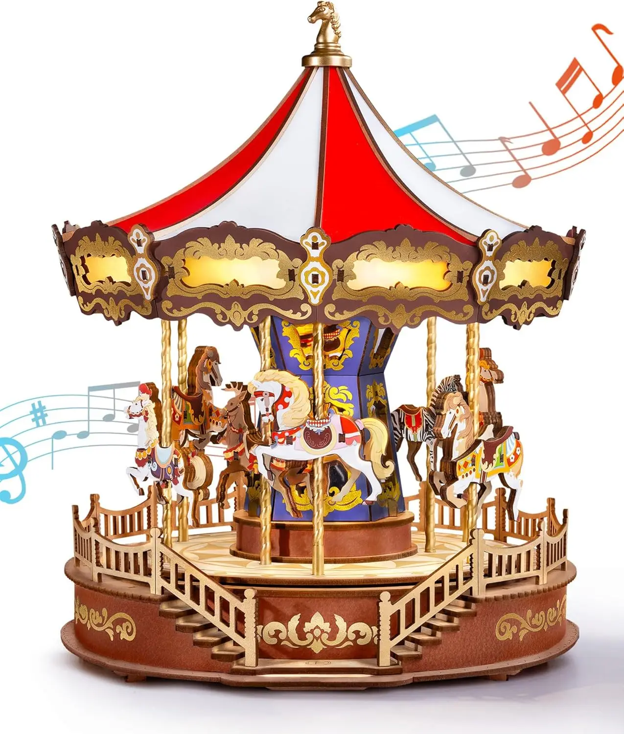 

Wooden 3D Puzzles for Adults, DIY Carousel Music Box with Chaser Lights 11.6" Model Building Kit, Construction Project Craft Kit
