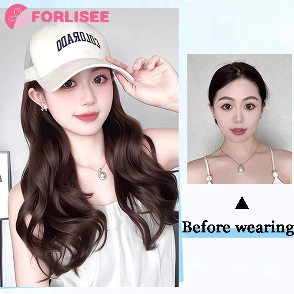 FORLISEE 18Inch Long Curly Synthetic Wig Hollow Baseball Cap Hair Extensions Hat Wigs Cool Brown Adjustable Hairpiece for Women