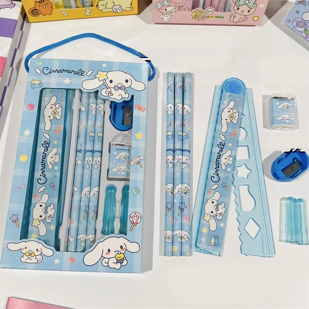 Sanrio Hello Kitty 8Pcs Stationery Set Pencils Erasers Rulers Cartoon Cinnamoroll Melody Kuromi Students Versatile Supplies Gift