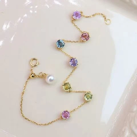 2024 Ins Influencer 18K Gold Plated Colorful Round Gemstones Garnet Topaz Peridot Zircon Crystal Candy Bracelet Bangle For Girls