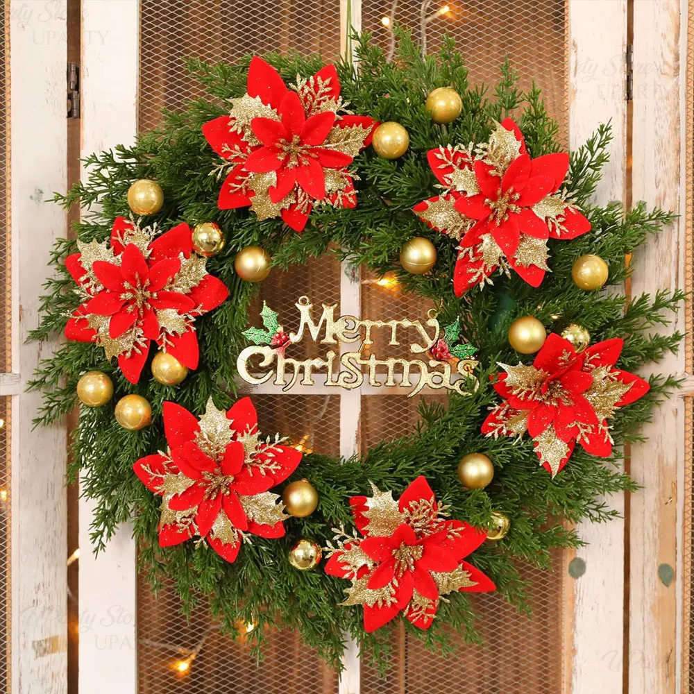 10 قطع من الزهور الاصطناعية لتزيين عيد الميلاد، زهور البونسيتة لعيد الميلاد مع مشابك لتزيين شجرة عيد الميلاد وديكور عيد الميلاد #4