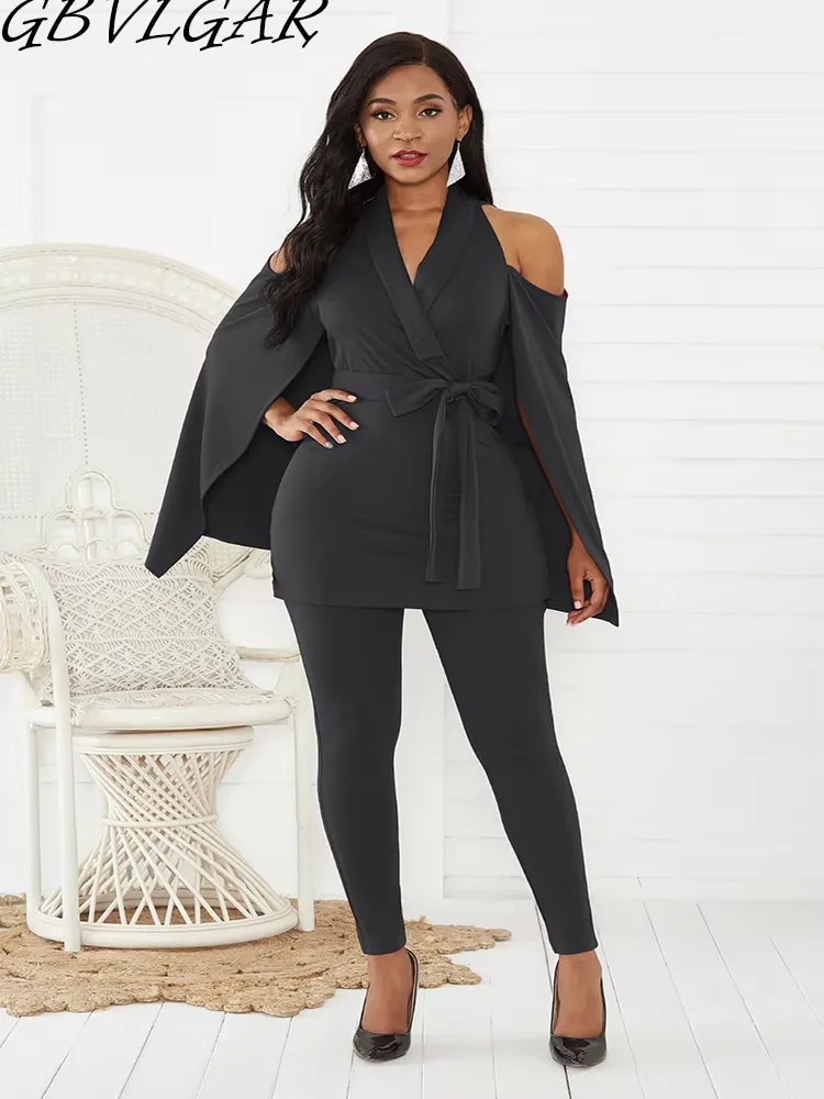 المرأة الخروج حفلة سوداء عباءة كم حللا عادية الخامس الرقبة الأعلى كيب تنورة سروال شكل قلم رصاص دعوى الشتاء سيدة بذلة مع حزام