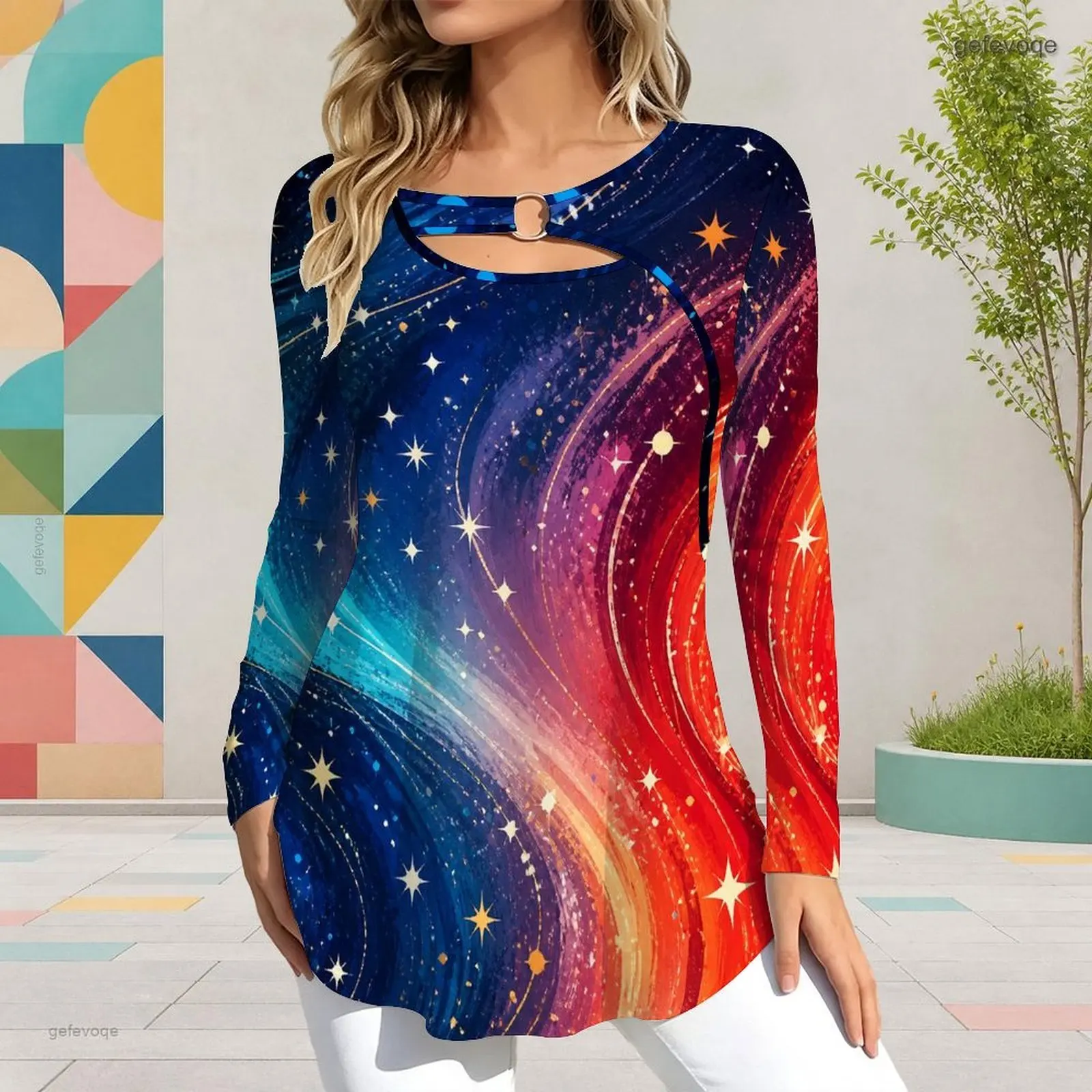 Printed Top for Women Keyhole Ring Neck Long Sleeve Flared Hem