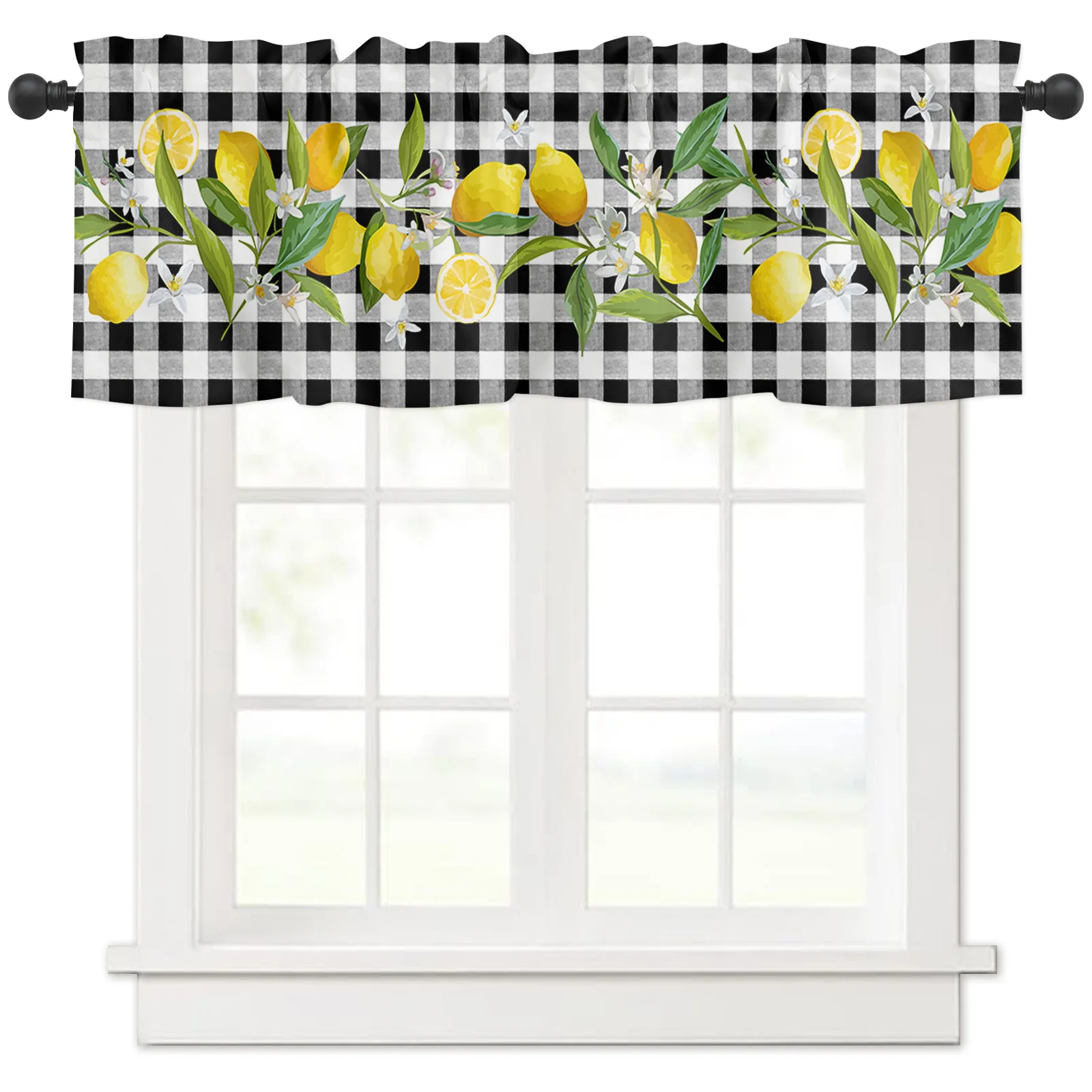 ZEDLIYU Valances for Windows Kitchen Living Room Small Window Valance Lemon Black and white checked short curtains 54 x 18 Inch