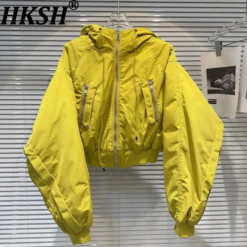 HKSH Winter New Women's Cotton-padded Coat Hooded Zipper Pockets Batwing Sleeve Y2K American Retro Ins Short Warm Jacket HK15394