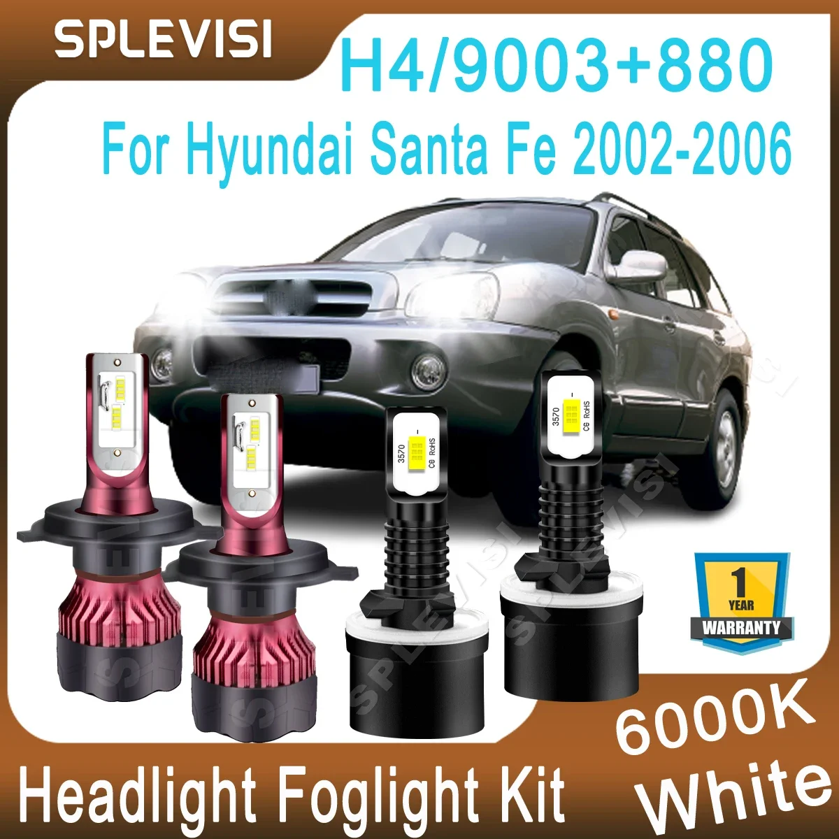 

4x Upgrade CSP Chips LED Car Light For Hyundai Santa Fe 2002 2003 2004 2005 2006 Headlight High Low Beam 9003/H4 Foglight 880