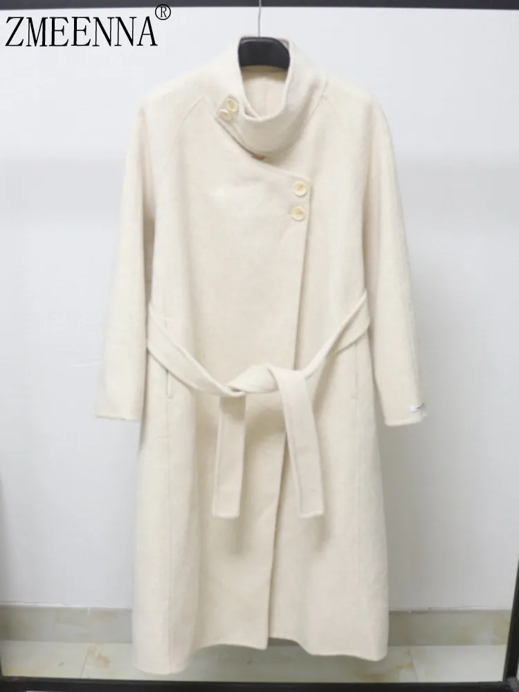 

ZMEENNA Elegant Women's Beige Wool Blend Long Wrap Coat High Collar Stylish Outerwear Jacket With Tie Belt ZM3863