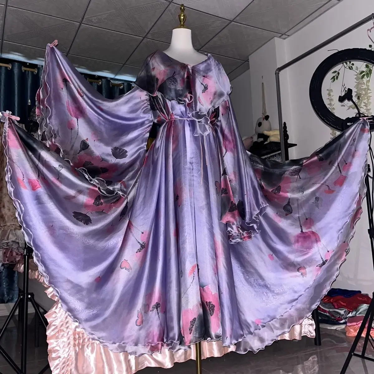 

Glossy Purple Women Satin Silk Loose Maxi Dress Long Sleeve Plus Size Sexy Sleeping Robe