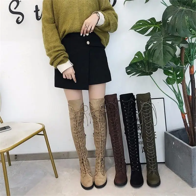

2023 Large Size Casual round Toe Square Heel Low Heel over Knee Long Boots Velvet Fini Lace up Men's Faion Autumn Season