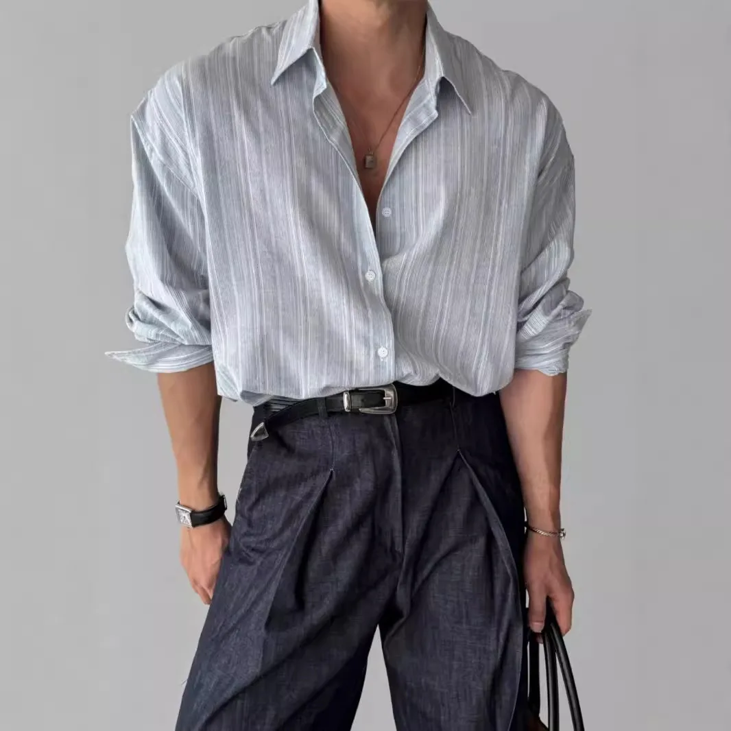 

Linen Striped Long-sleeved Shirt Men's Spring and Summer Light Mature Style Casual No-iron Blue Light Sun Protection Shirt