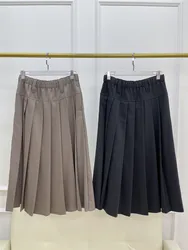 Women's Australian Wool Blended Pleated Skirt Beaded Chain Stylish Elastic Waist A-Line Skirts 2024 Autumn Winter